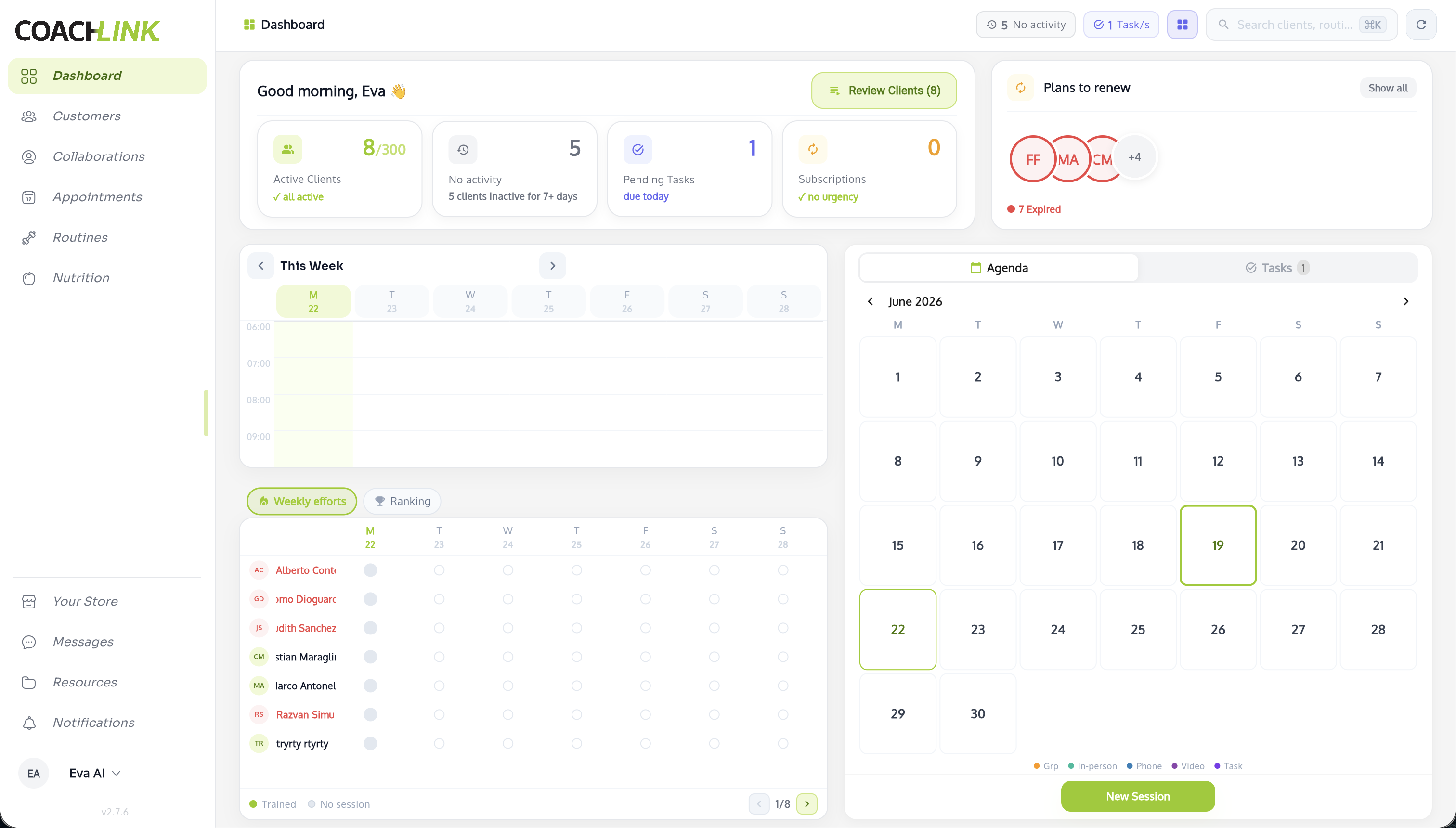 CoachLink trainer dashboard